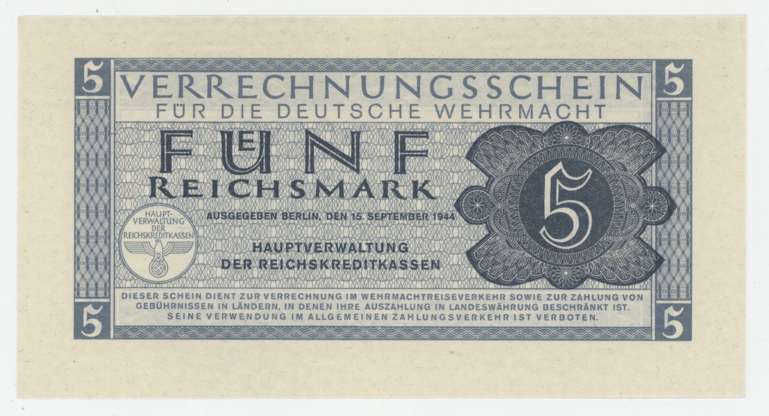 Germany 5 Reichsmark 1944 Pick M39 UNC Wehrmacht Germany 5 Reichsmark 1944 Pick M39 UNC Wehrmacht